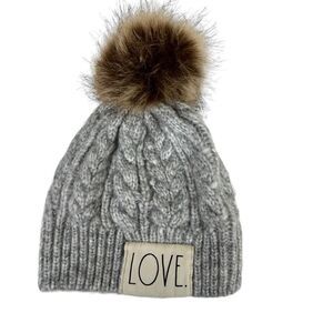 Rae Dunn "Love" beanie gray with pom pom womens